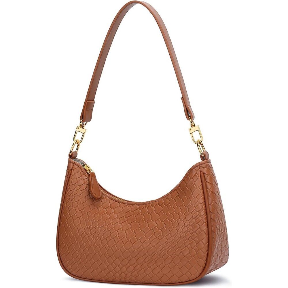 Women's B-brown PU leather Gold Chain Strap Underarm Zipper Pouch Hobo Purses
